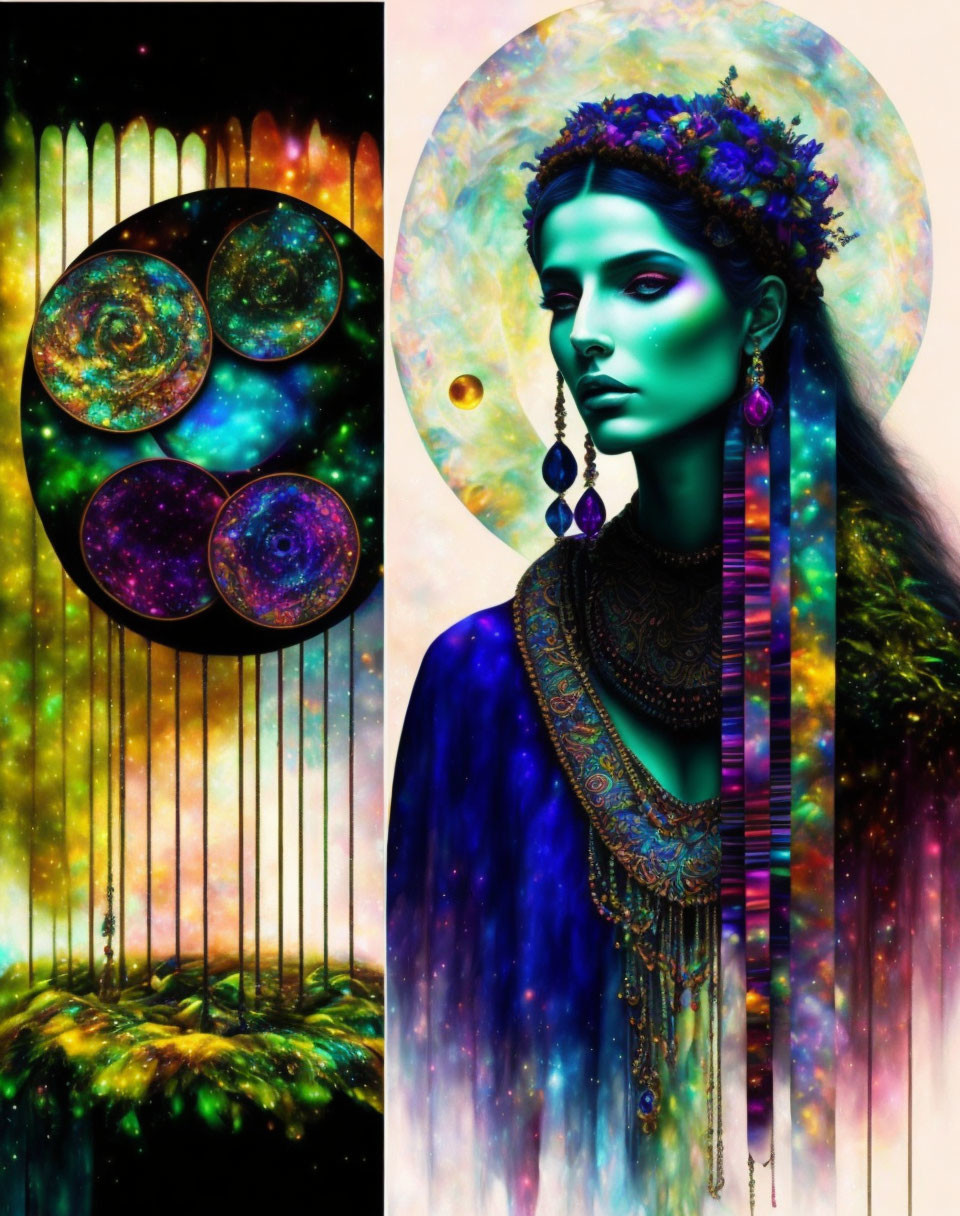 Colorful mystical woman with green skin and floral crown in cosmic setting.