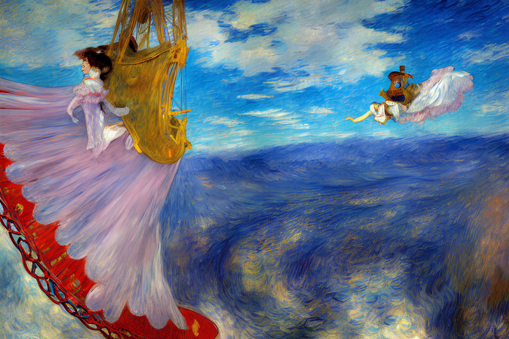 Woman on ship's prow above swirling seas with figure on cloud holding telescope.