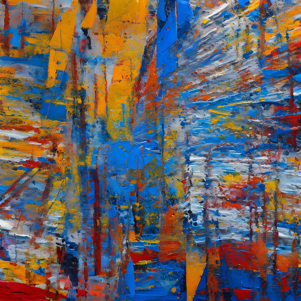 Colorful Abstract Painting with Blue, Yellow, Red Streaks