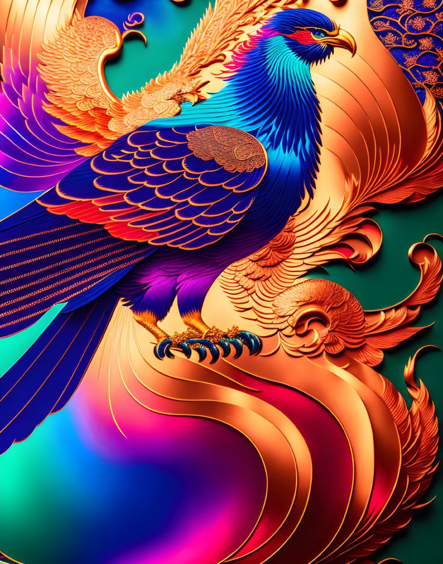 Mythical phoenix digital artwork with blue and golden feathers