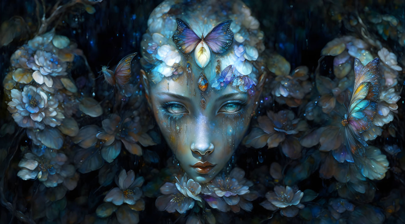 Blue-skinned being with butterflies and flowers in mystical portrait