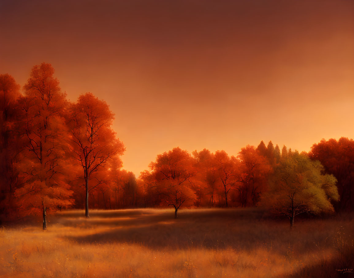 Ethereal autumn trees in shades of orange and red under soft amber sky