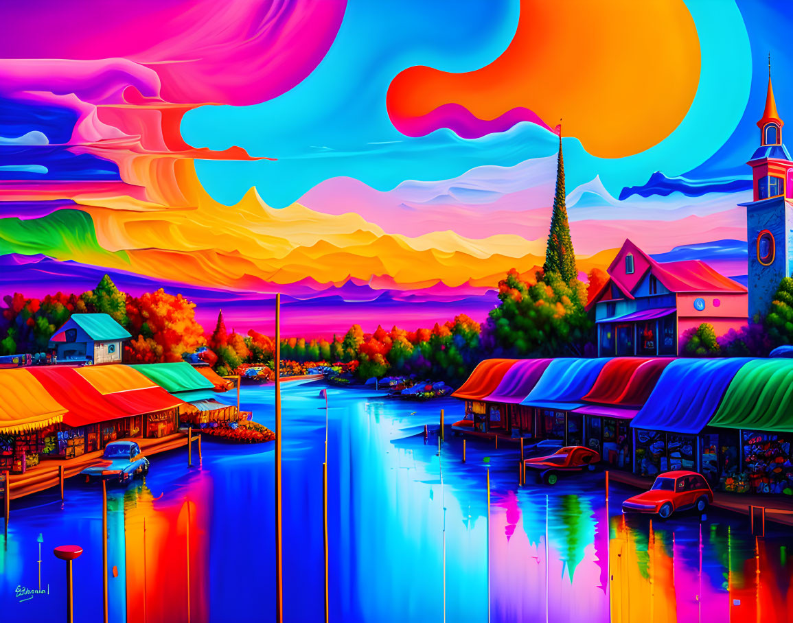 Colorful Landscape with Church, Buildings, Cars, River, and Surreal Sunset Sky