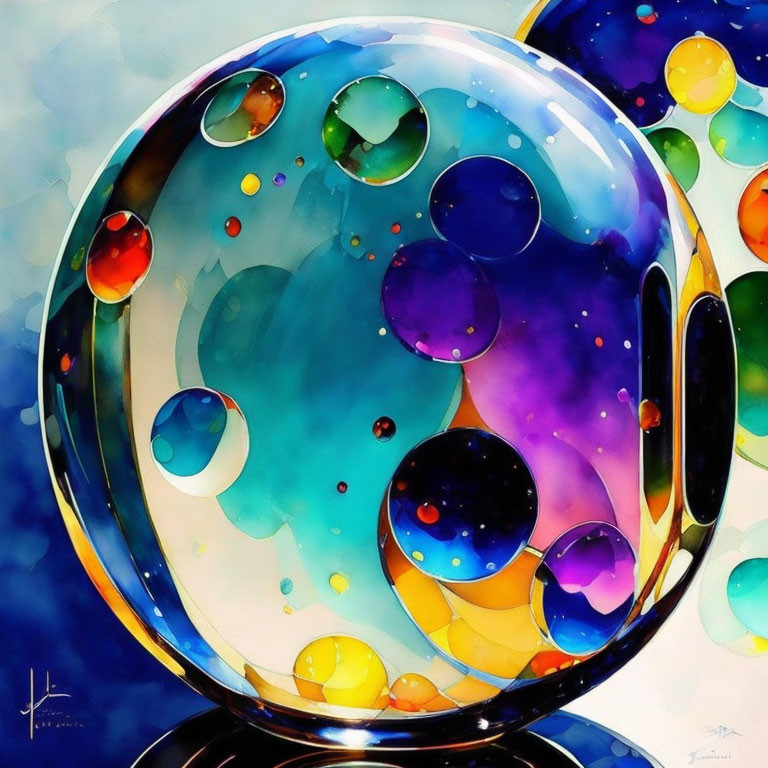 Colorful watercolor painting of a glossy bubble with smaller bubbles in a blue background