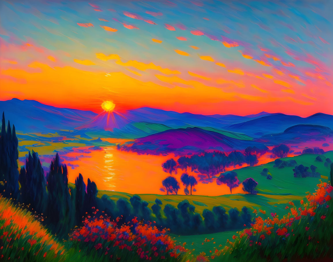 Scenic sunset landscape painting with orange and pink skies over river and hills