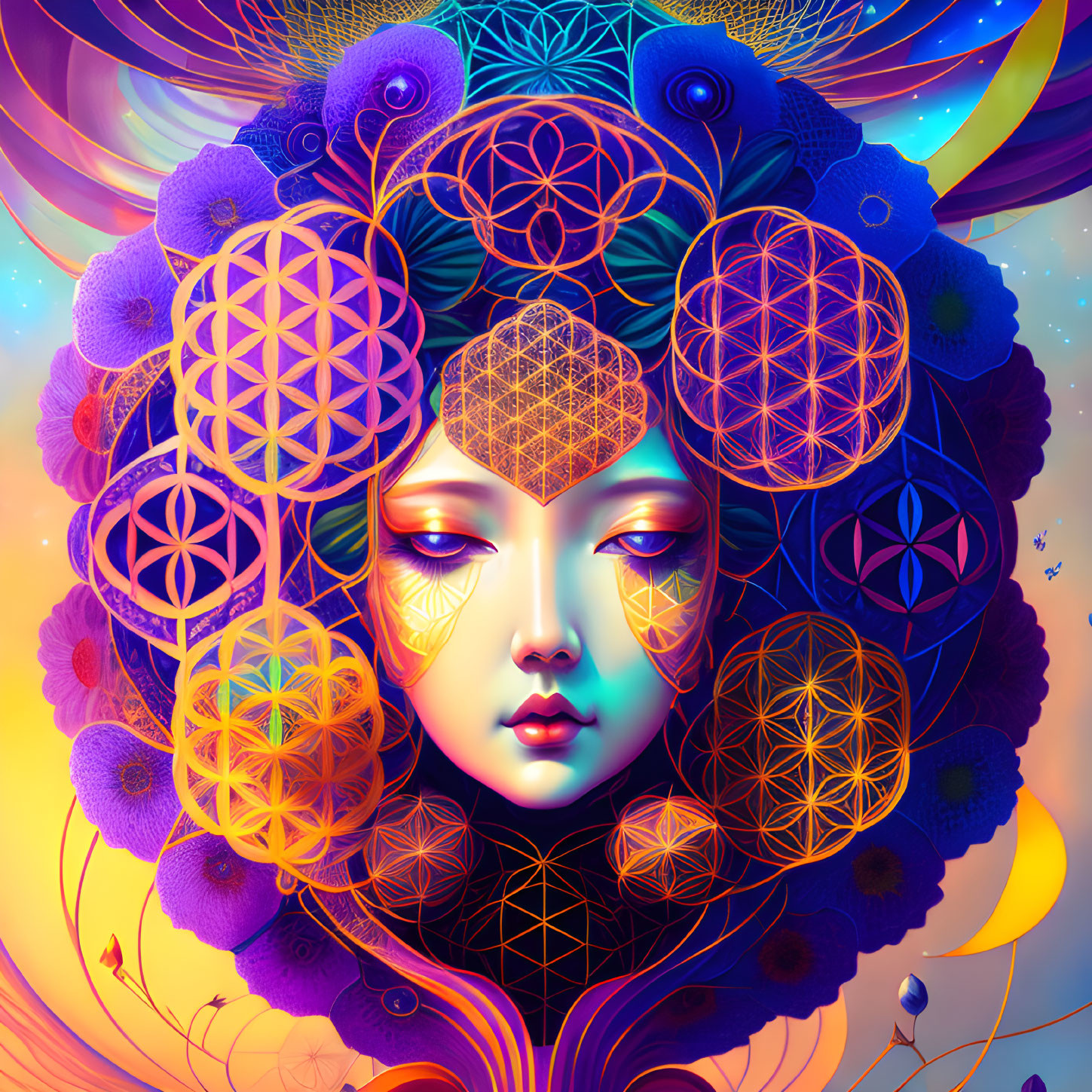 Colorful digital artwork: Female figure with cosmic headpiece and geometric patterns