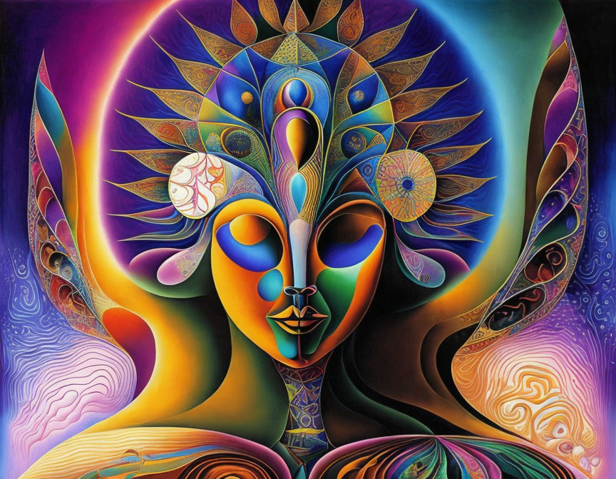 Colorful psychedelic painting of stylized female face with spiritual symbols and flowing patterns