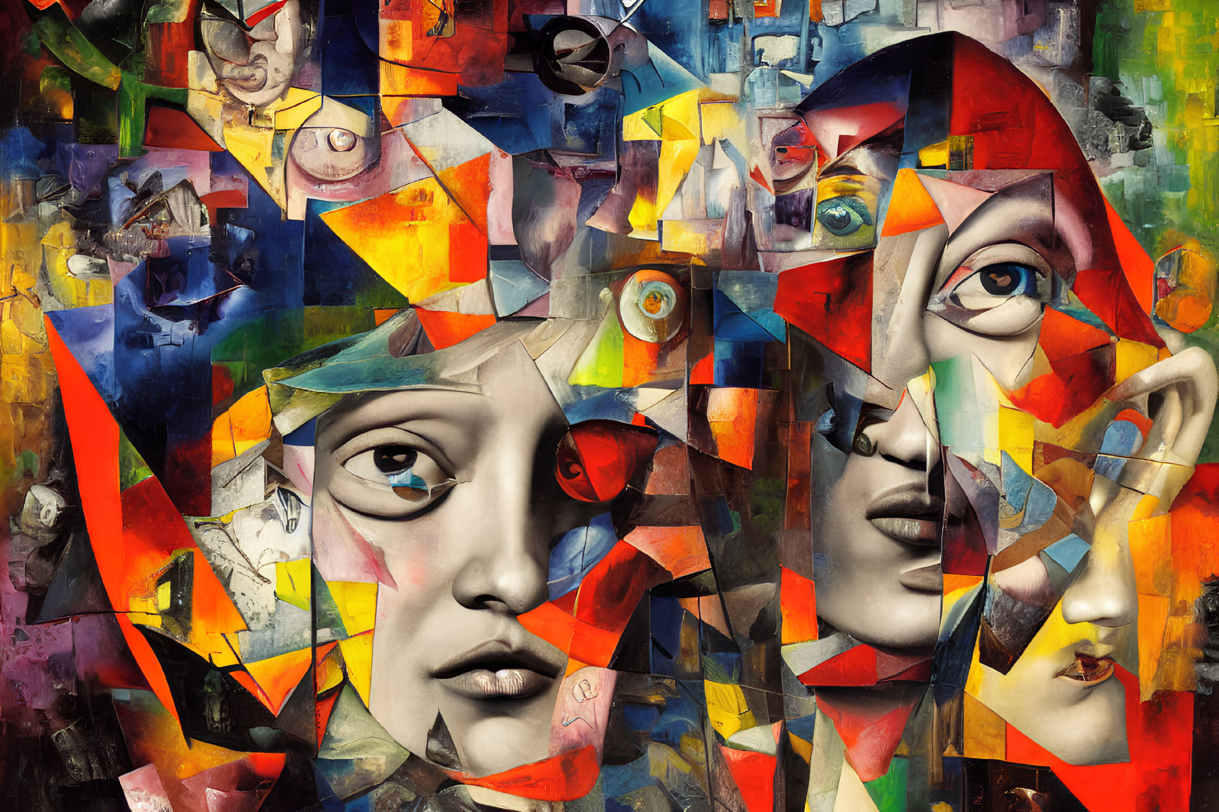 Colorful Cubist Painting Featuring Overlapping Faces