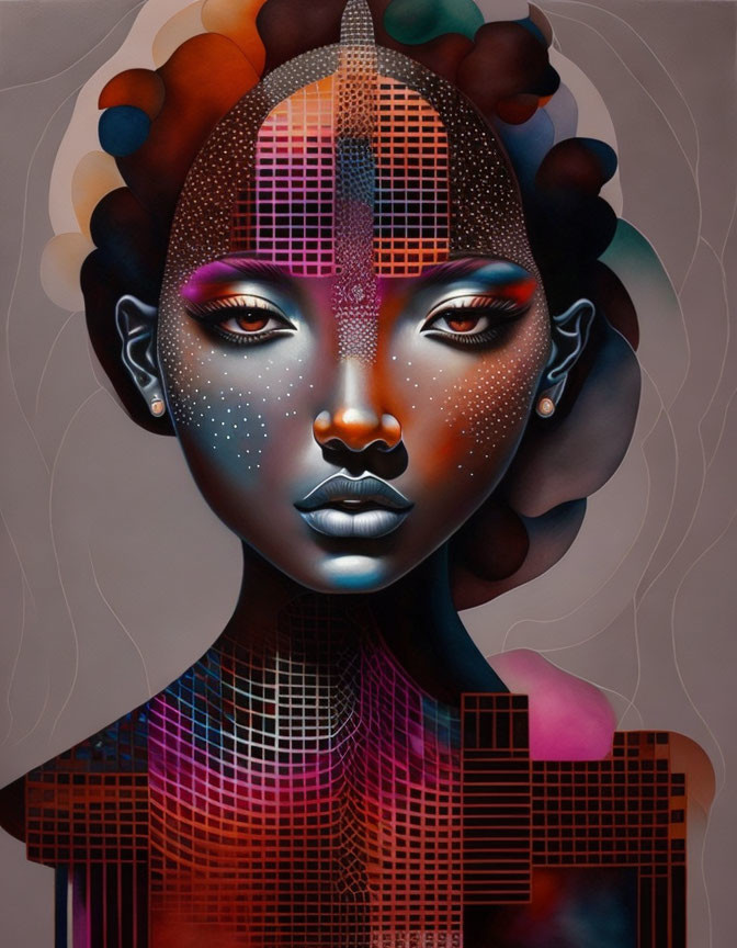 Vibrant surreal portrait blending woman's face with geometric and cosmic patterns