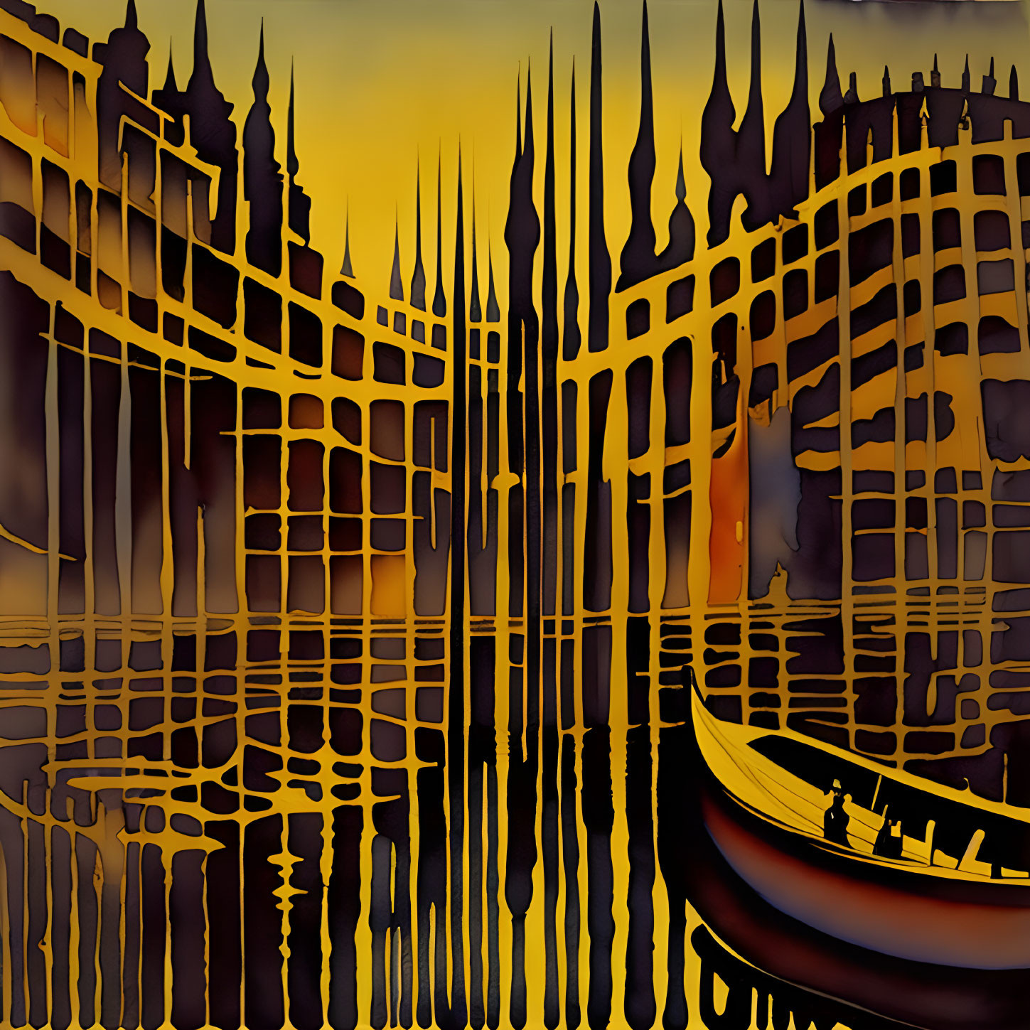 Silhouette in Boat Against Gothic Architecture in Abstract Art