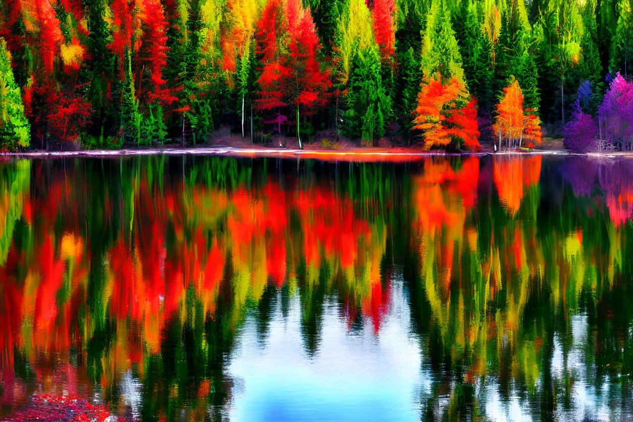 Colorful Autumn Trees Reflecting in Calm Lake Waters