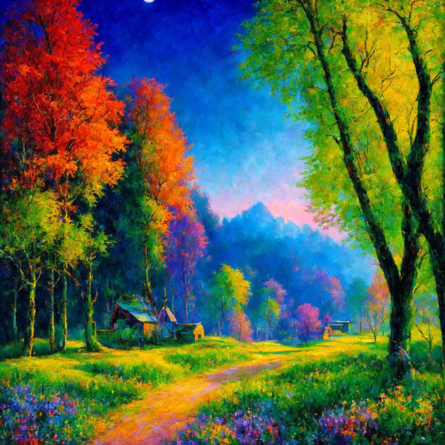 Colorful Forest Painting: Path to Cottage in Autumn Twilight