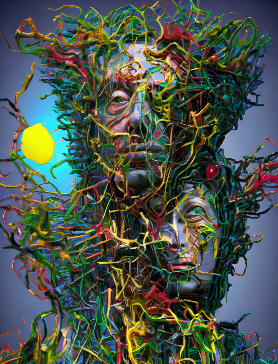 Colorful surreal portrait with intertwined vines and yellow orb