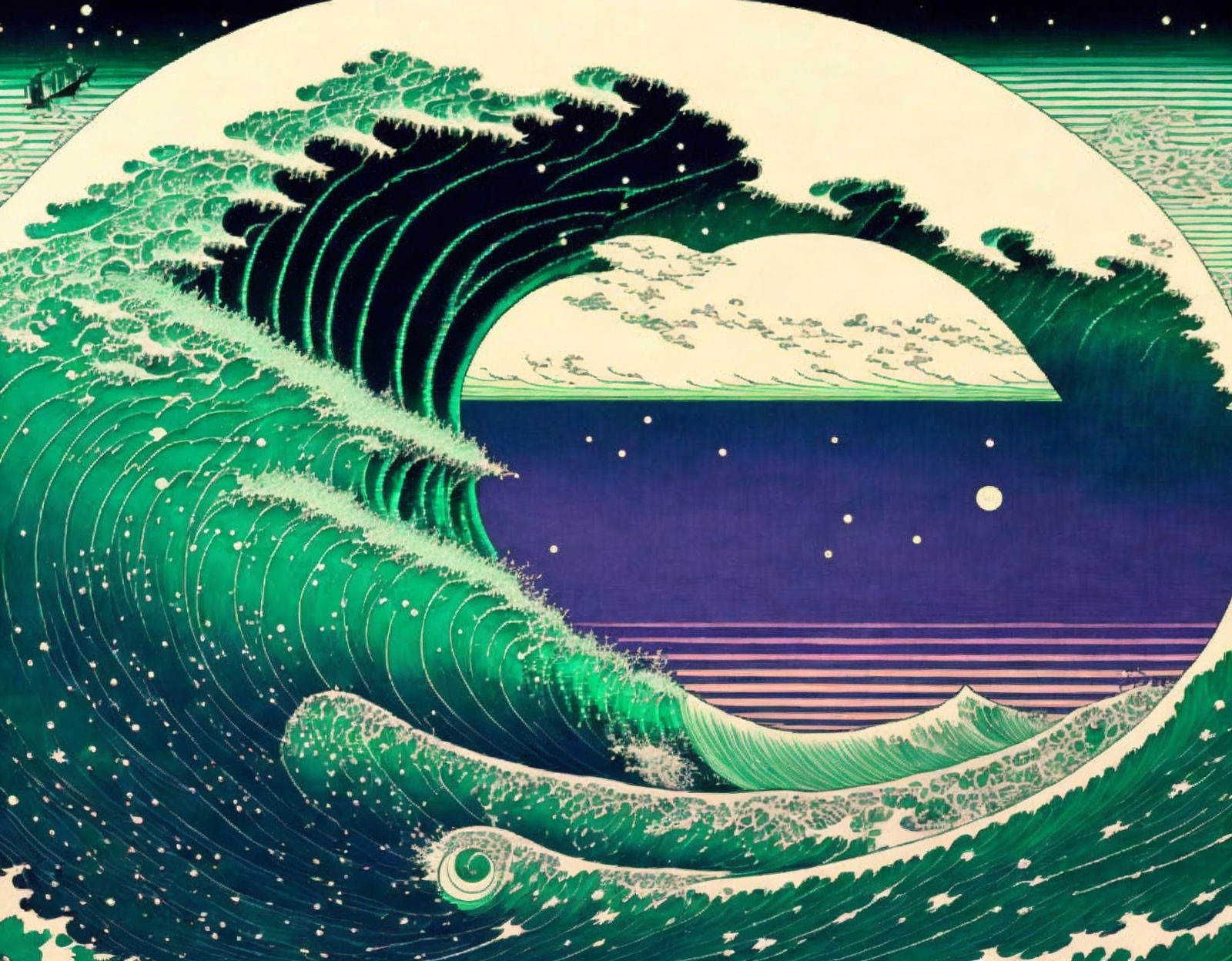 Stylized image of green wave under starry night sky