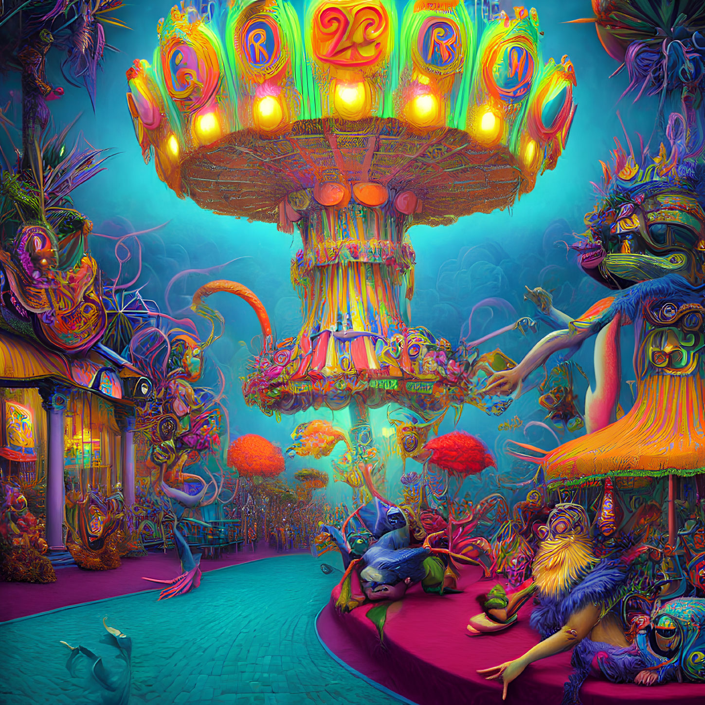 Colorful Psychedelic Carnival Scene with Fantastical Creatures & Carousel