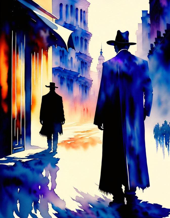 Silhouetted figures in hats and coats in vibrant cityscape with reflections