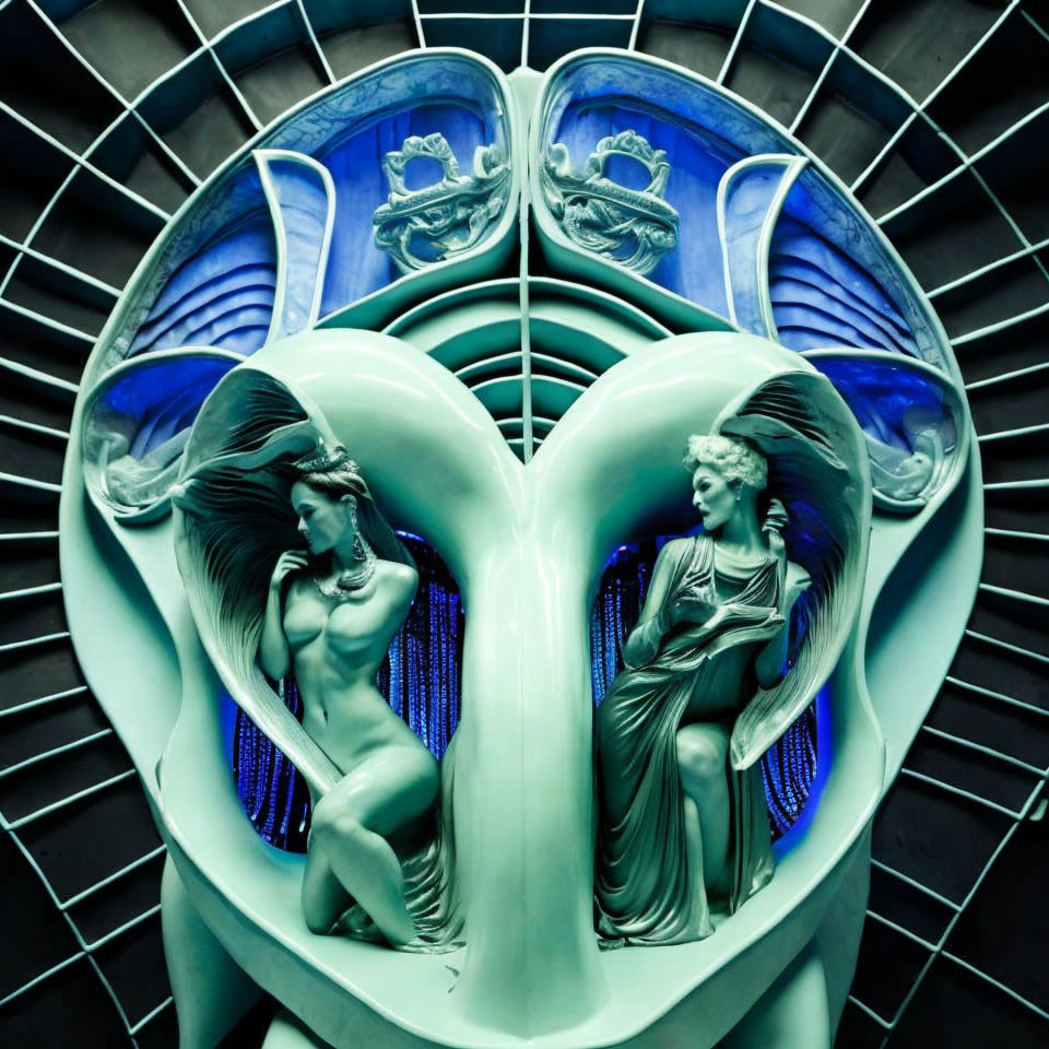 Symmetrical futuristic artwork: Two human figures merged into a curving structure on blue grid background