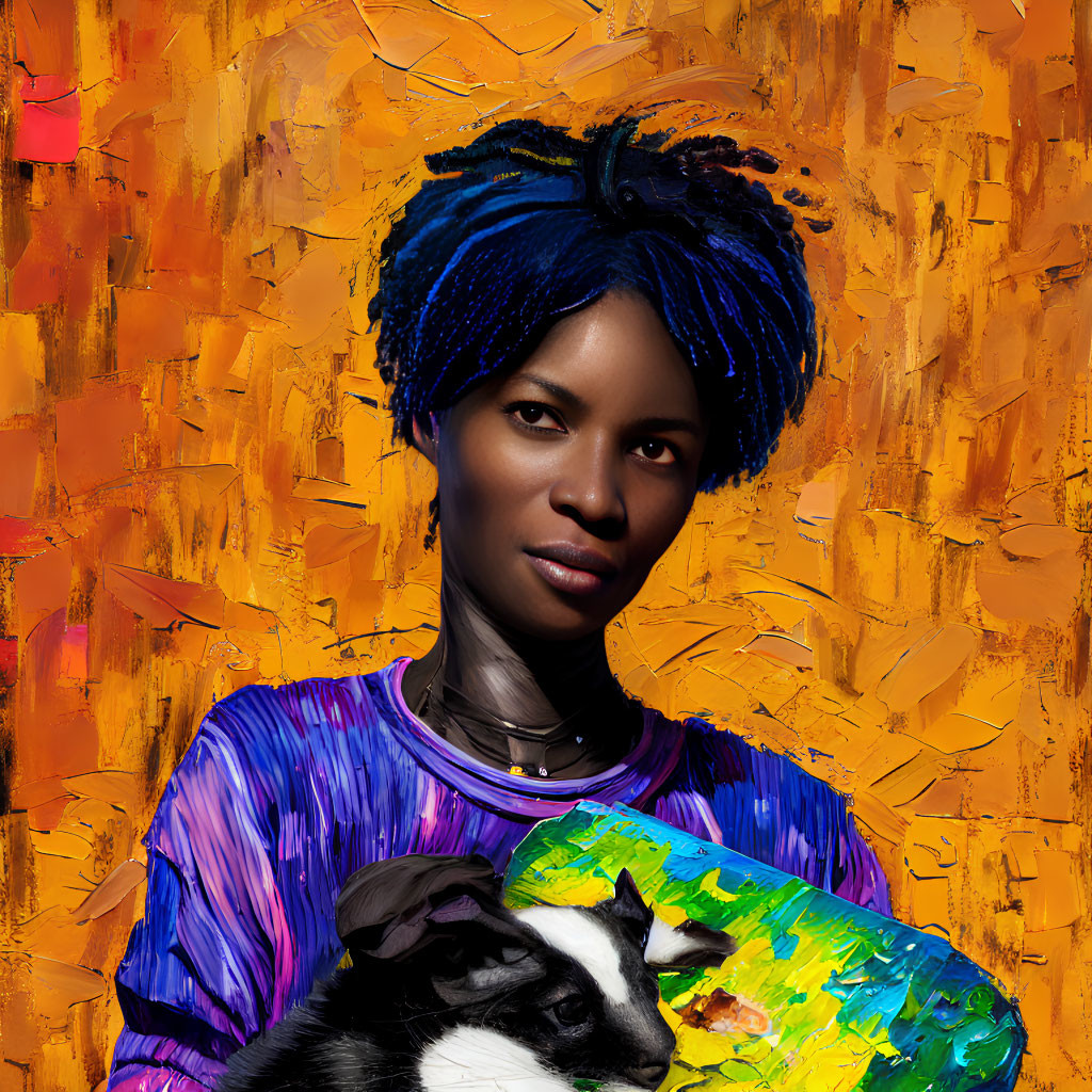 Blue-haired woman with dog on vibrant orange background, purple top