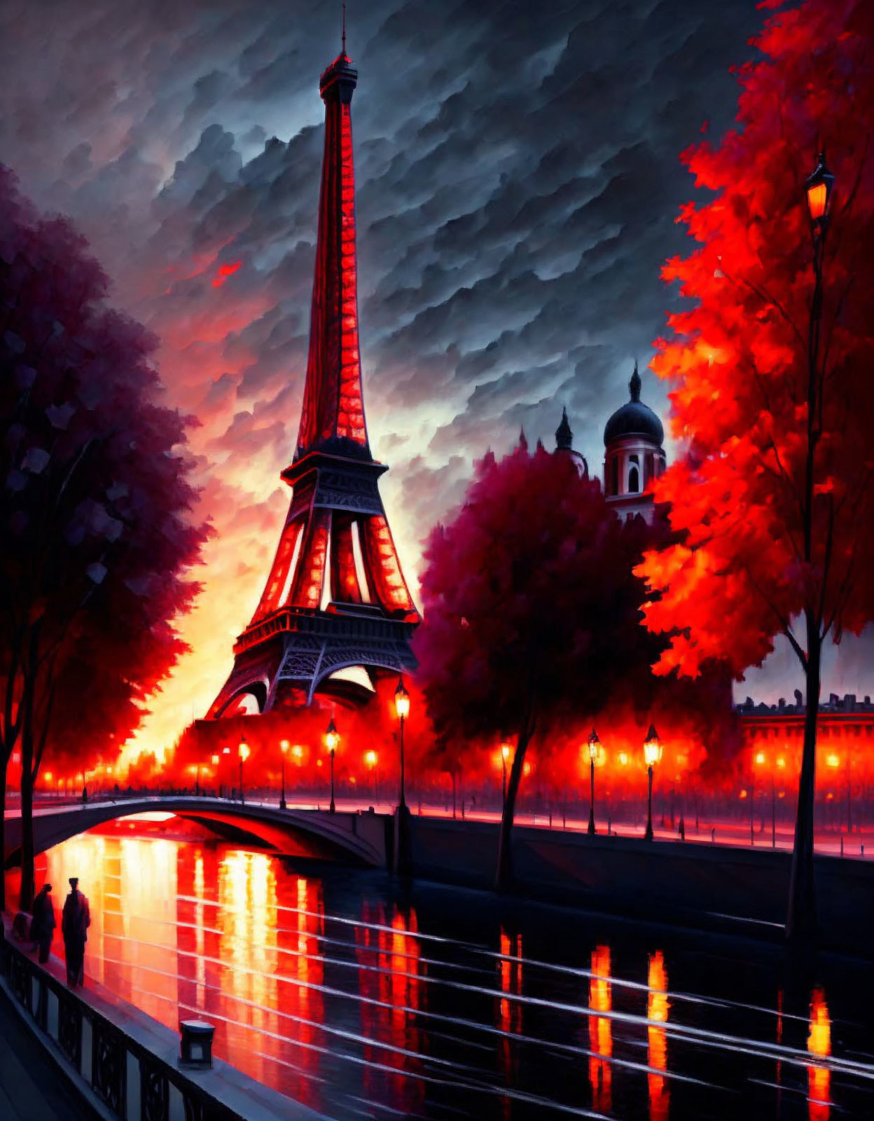 Eiffel Tower Night Painting with Autumn Trees and Seine Figure