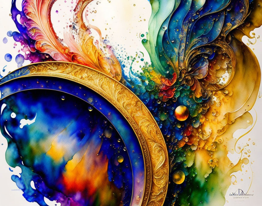 Colorful Abstract Painting with Swirling Colors and Golden Patterns