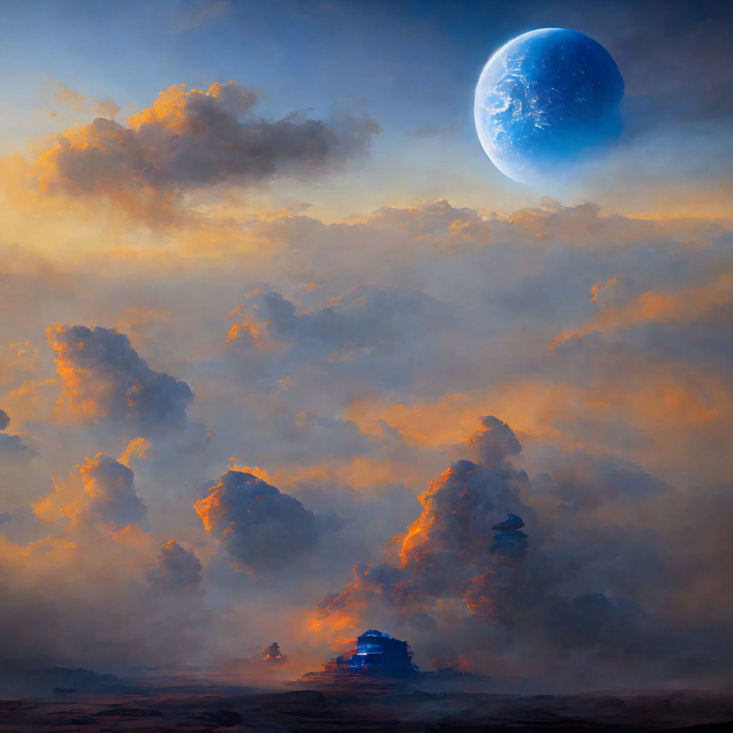 Tranquil twilight landscape with orange clouds and blue moon