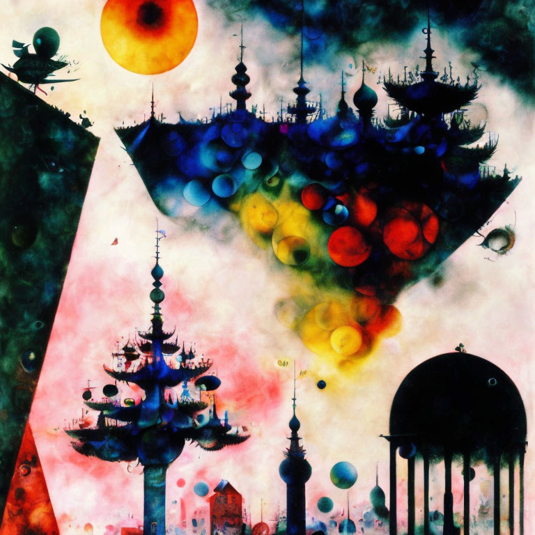 Colorful Surrealist Artwork with Floating Architectural Structures and Bubble-like Orbs