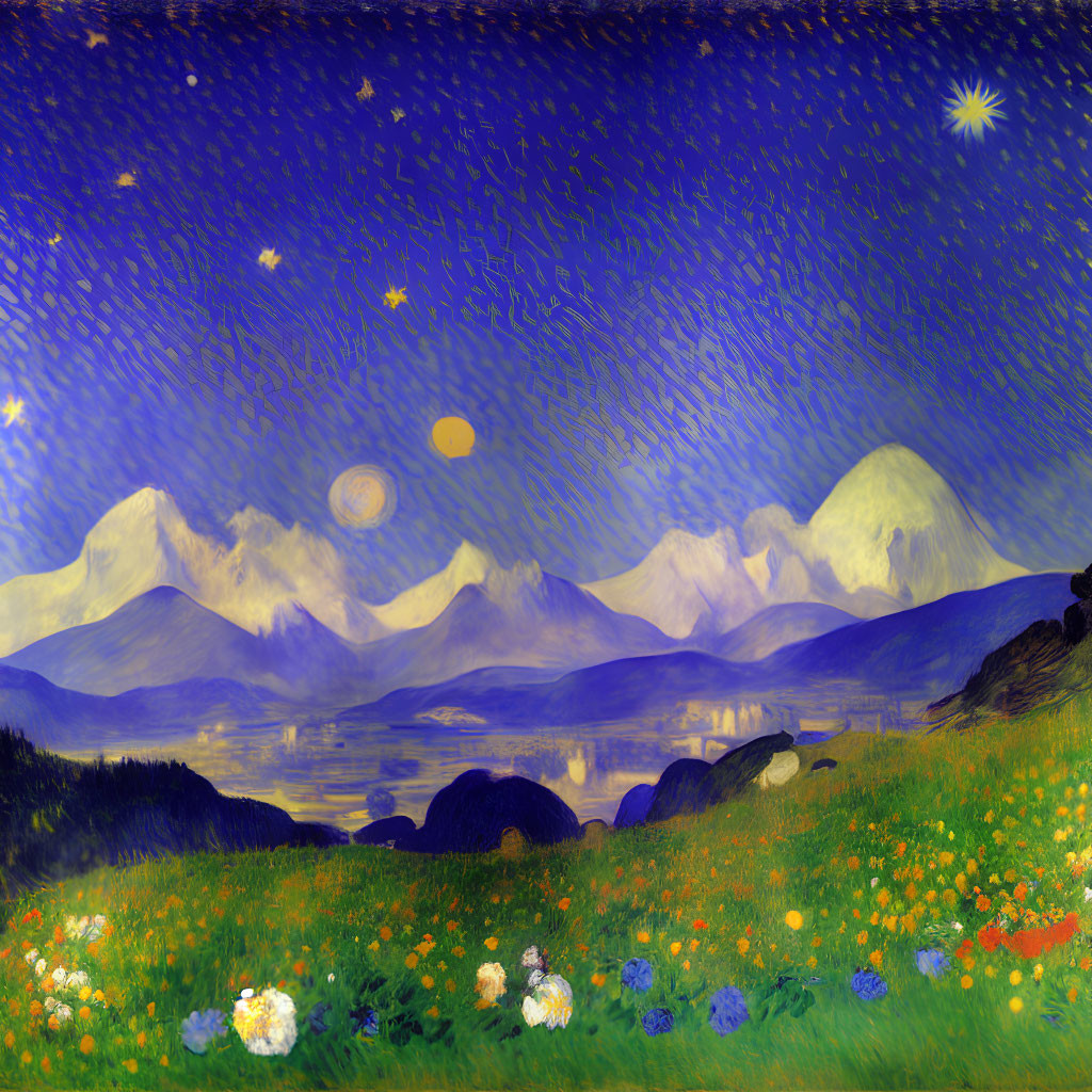 Starry Night Sky Painting with Landscape and Mountains