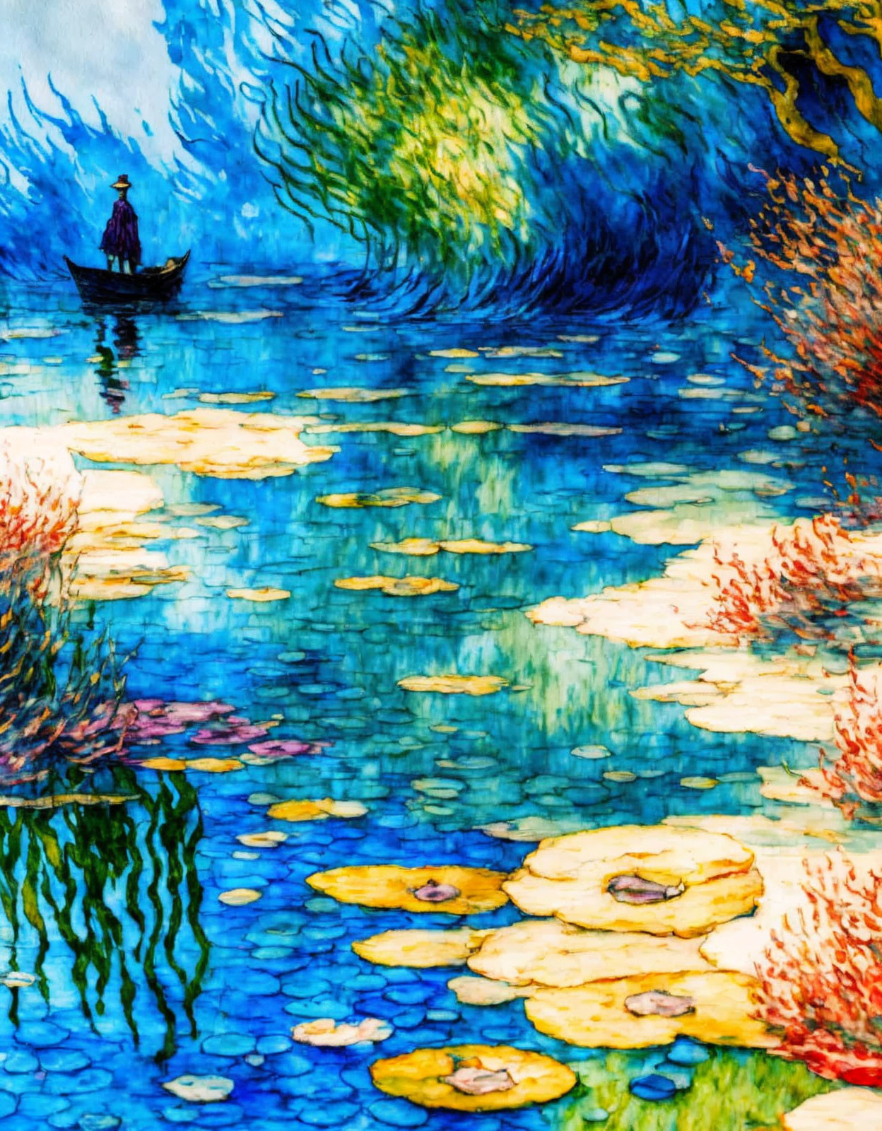 Impressionistic painting of person in boat on river with blue and green hues