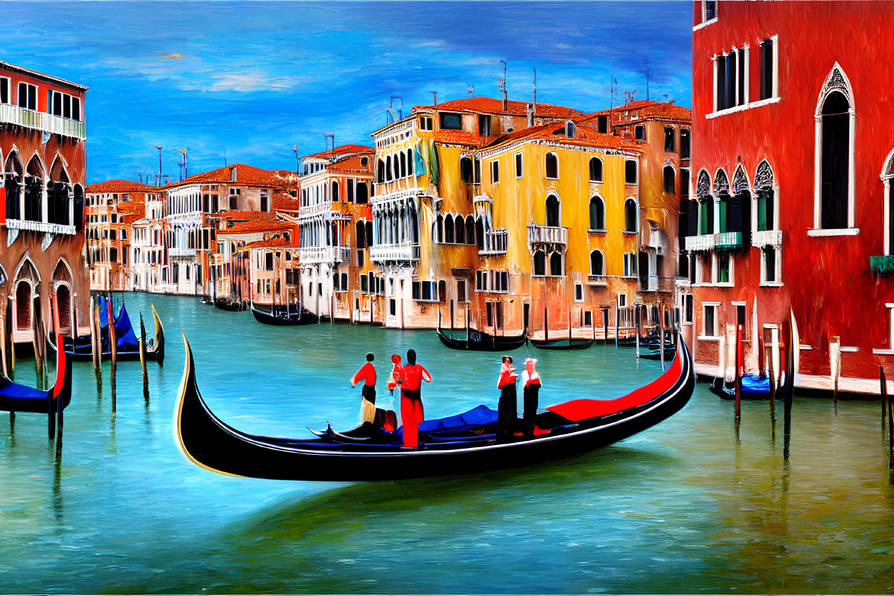 Colorful Venice Gondola Painting with Vibrant Buildings