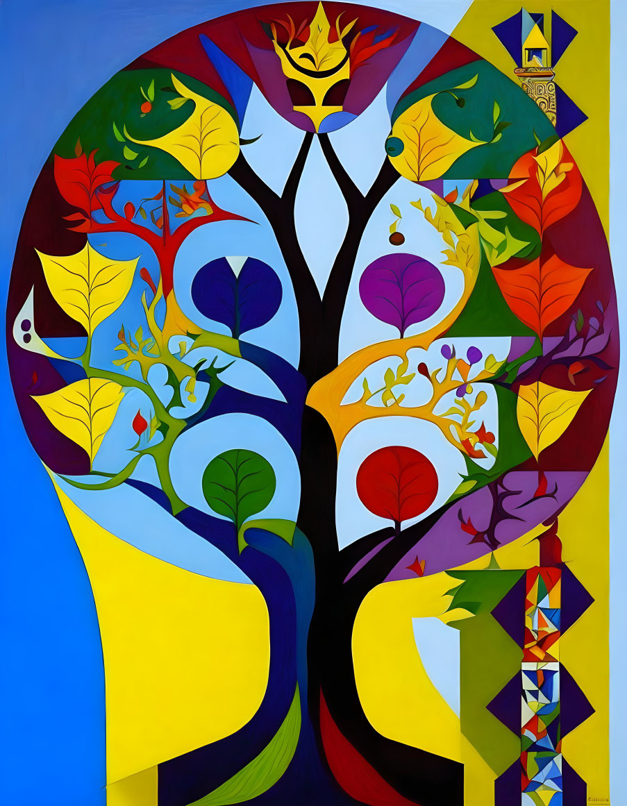 Colorful painting of stylized tree, leaves, birds on blue & yellow background.