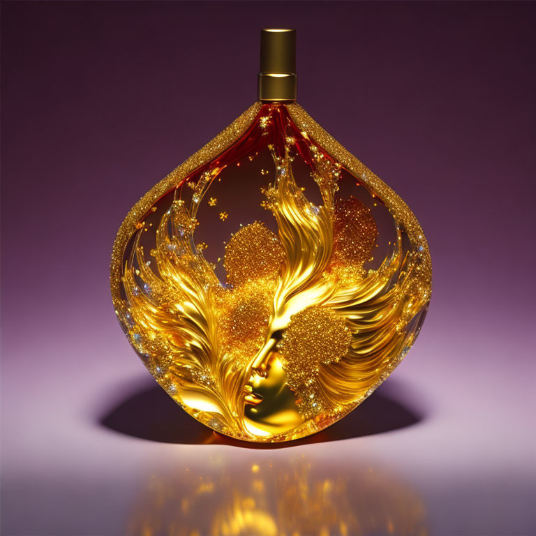 Luxurious Perfume Bottle with Golden Swirls and Woman's Face Silhouette on Purple Background