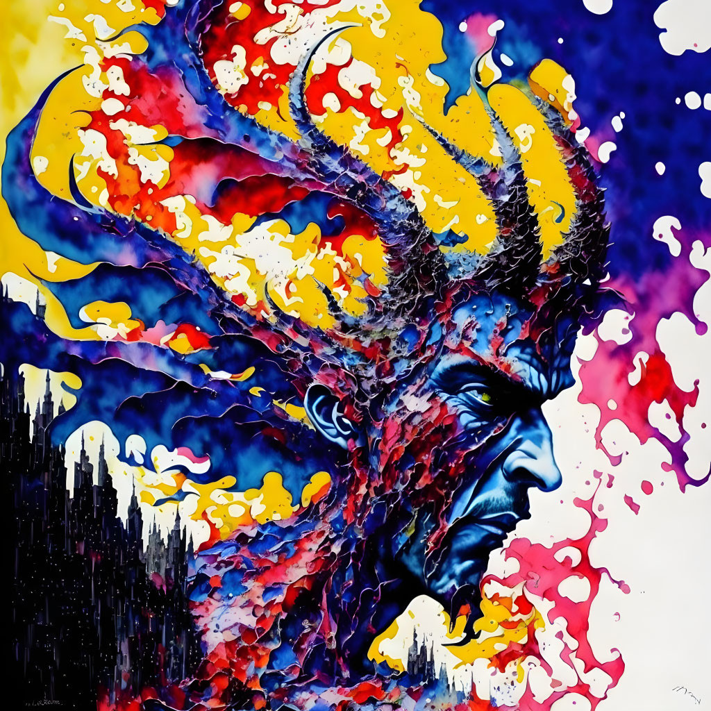 Intense gaze figure painting with fiery colors on dark backdrop