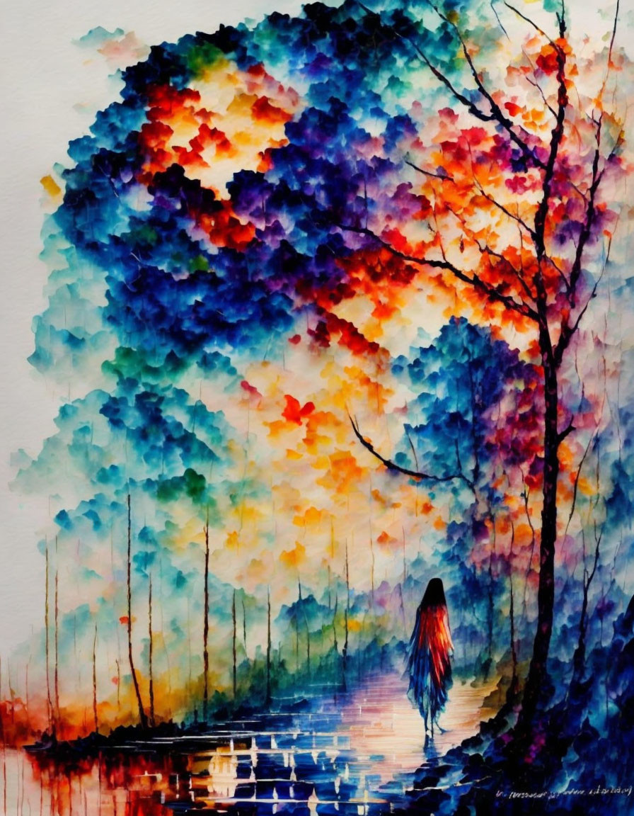 Colorful Watercolor Painting of Figure Walking on Reflective Path