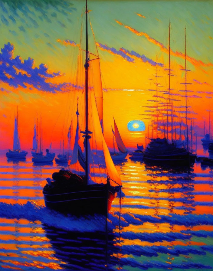 Marina sunset with sailing boats silhouetted against orange and blue sky