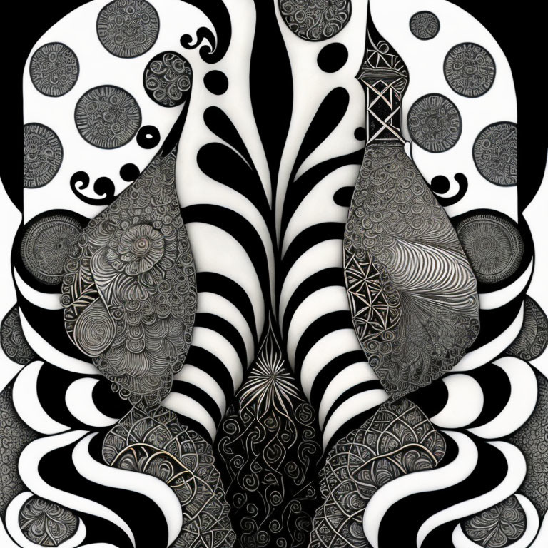 Stylized black and white peacocks in mirrored position against decorative background