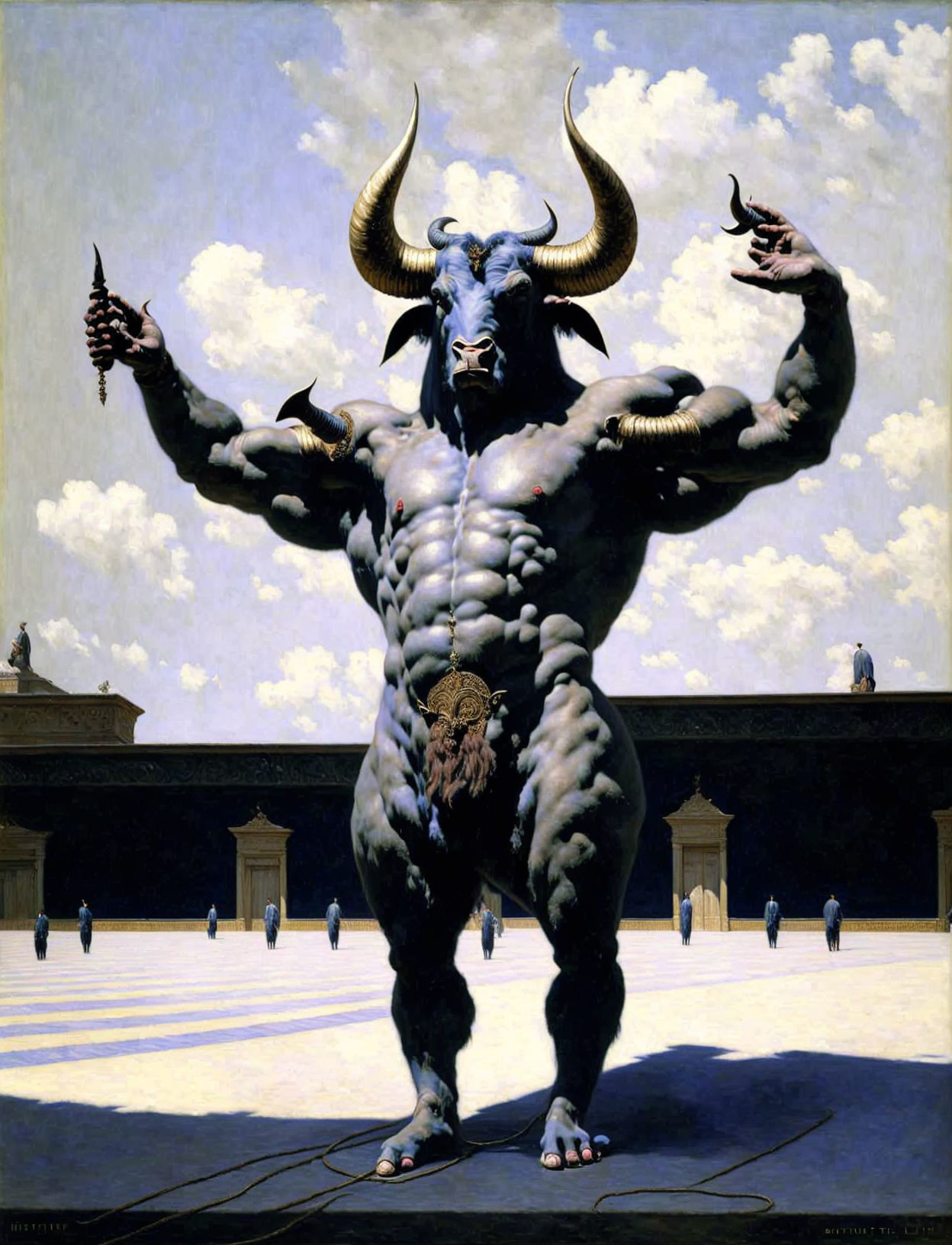 Muscular anthropomorphic bull with grape cluster and goblet in surreal classical courtyard