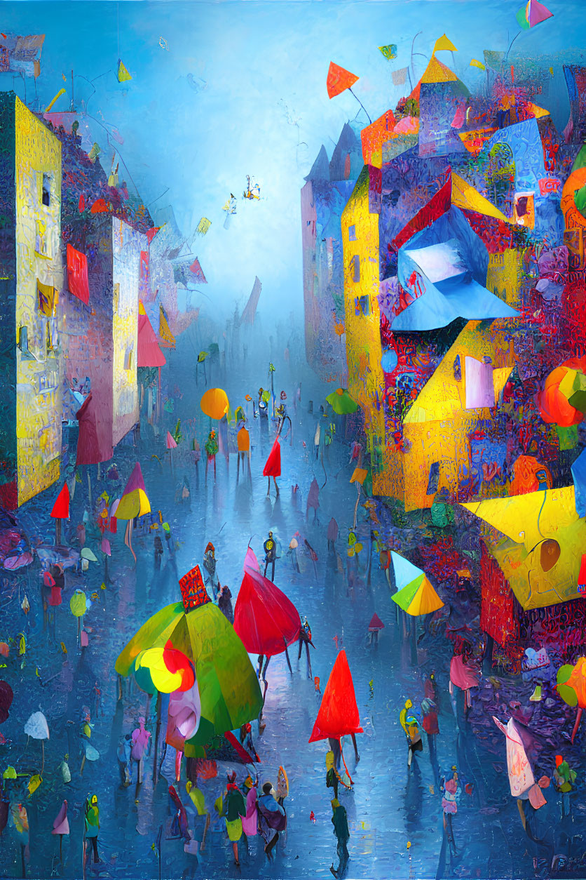 Vibrant cityscape in the rain with colorful umbrellas and lanterns under textured sky