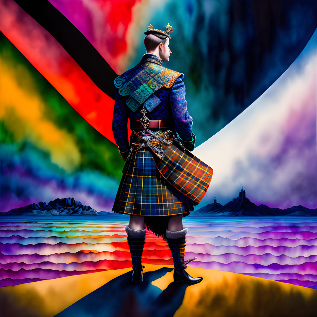 Traditional Scottish Attire Man in Surreal Landscape