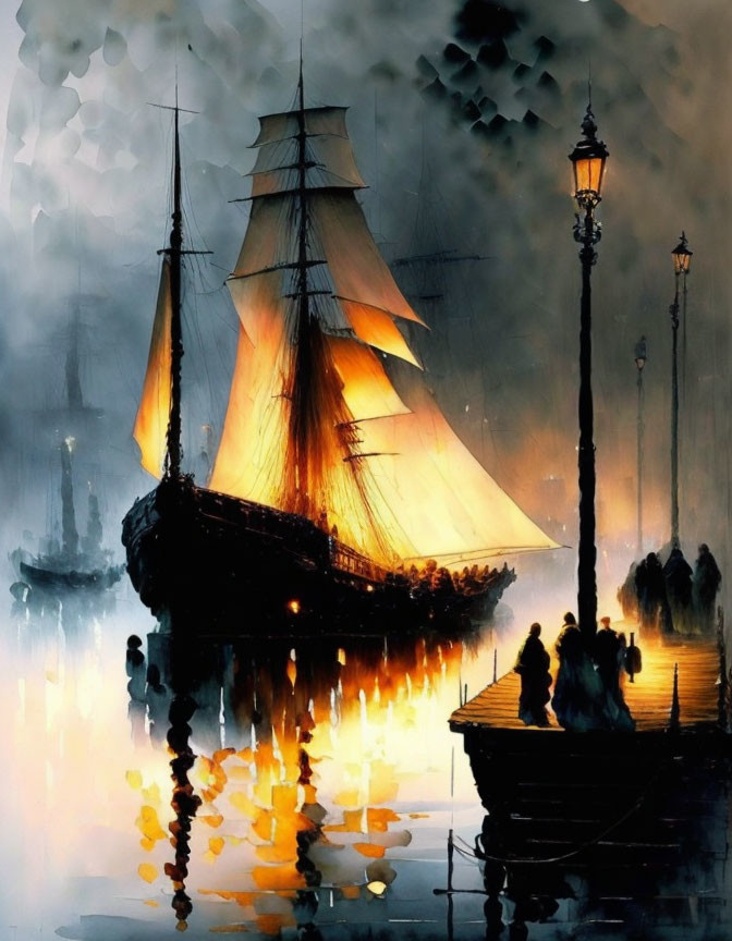 Tall ship with illuminated sails at pier, figures near street lamps under dusky sky with hexagonal