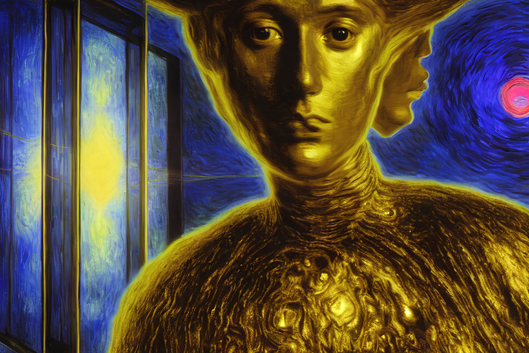 Stylized portrait of golden figure with swirling patterns