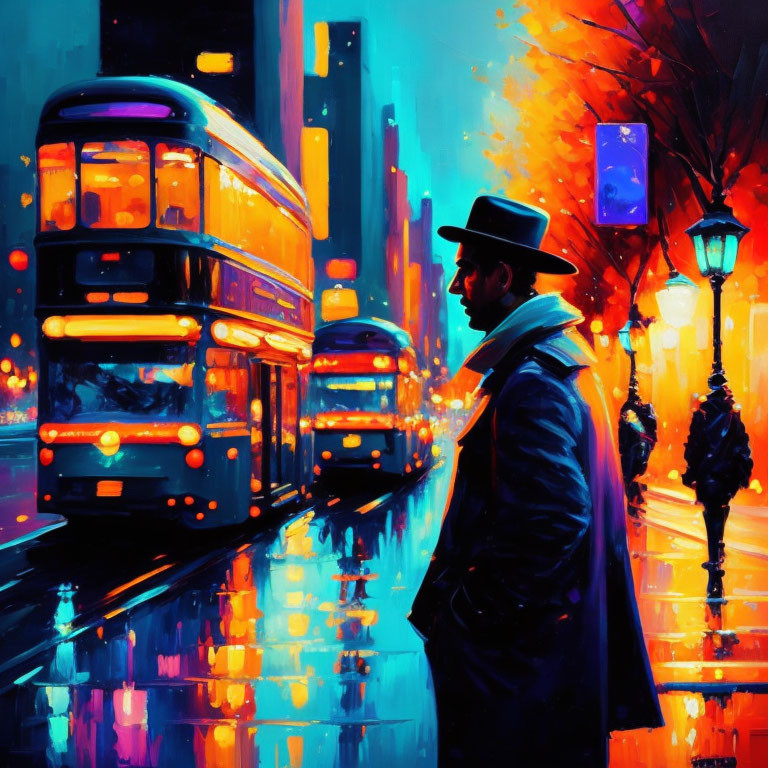 Man in hat and coat on vibrant city street at night with glowing street lamps and double-decker buses