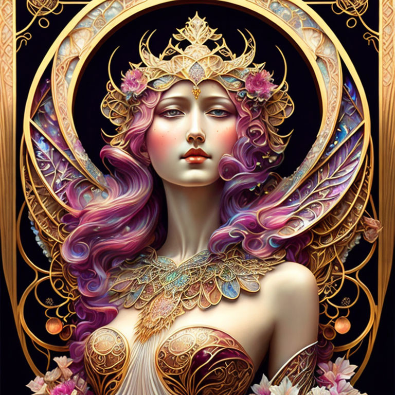 Mythical woman with purple hair and floral crown in intricate gold jewelry.