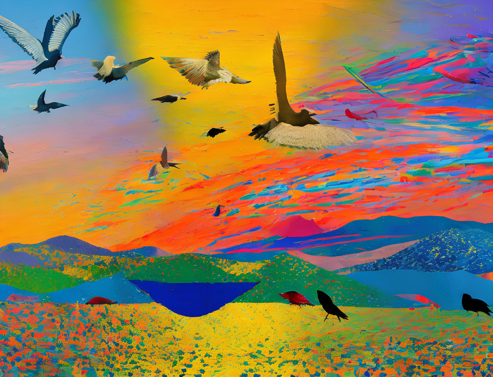 Colorful Abstract Landscape with Birds and Mountains