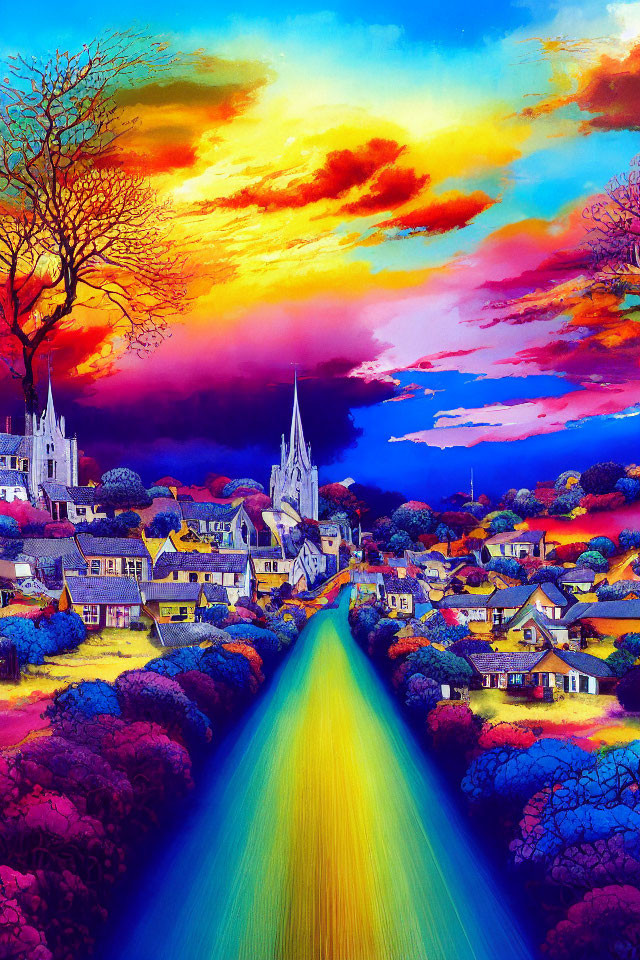 Colorful illustration: Quaint village with church under dramatic sunset