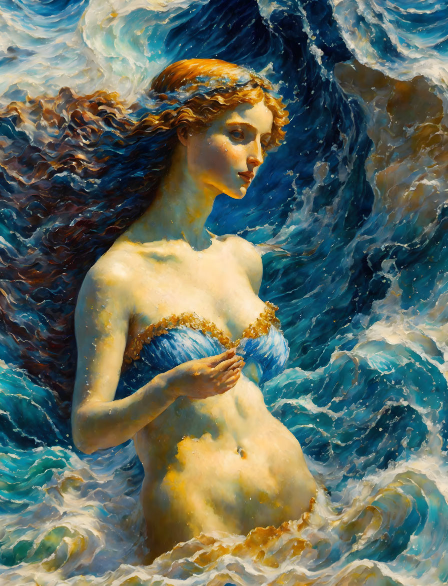 Mythological woman in wreath immersed in vivid blue ocean waves