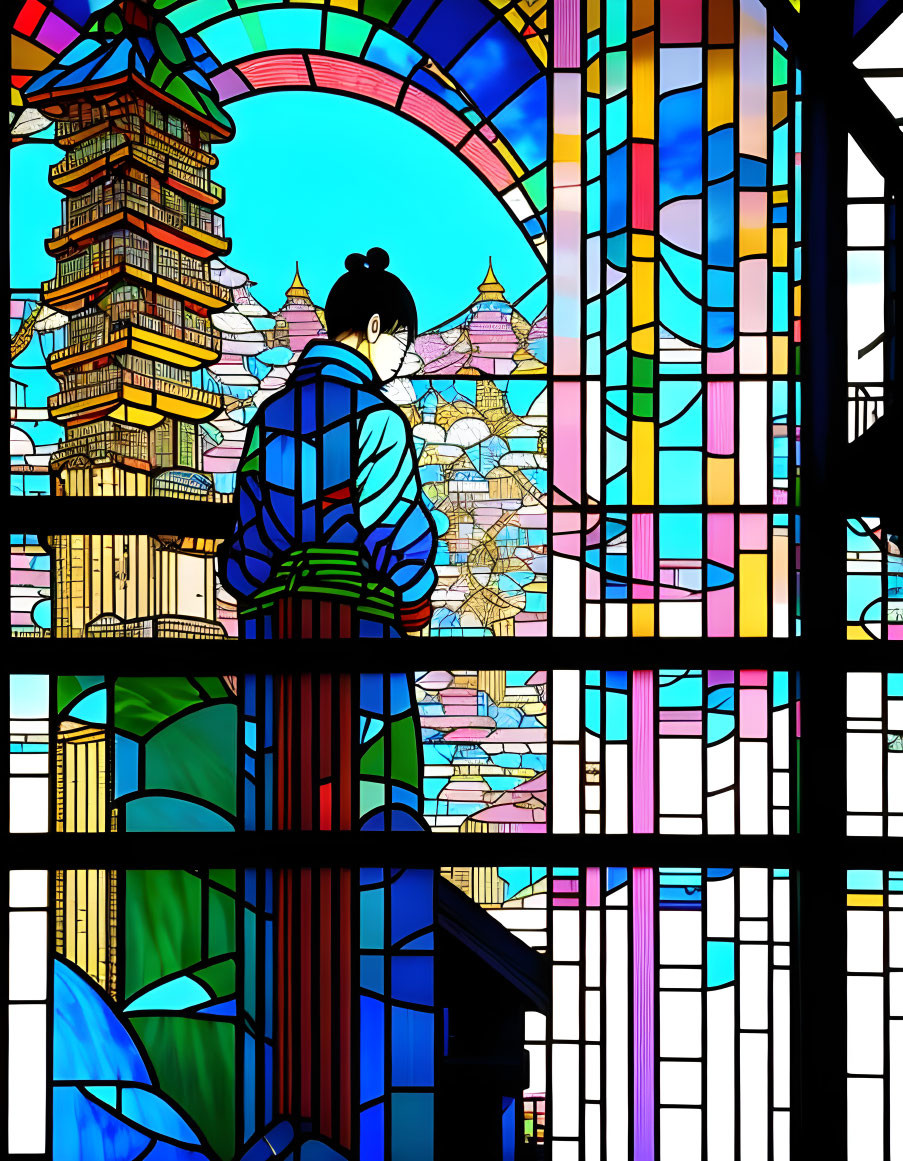 Traditional Attire Person Admiring Pagoda Stained Glass Window