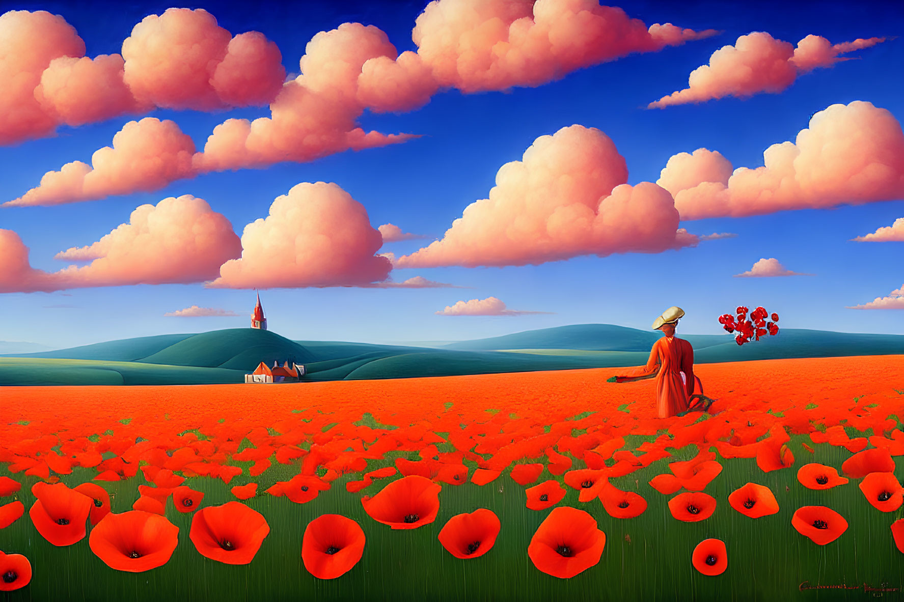 Colorful painting: Person in yellow hat among red poppies under blue sky