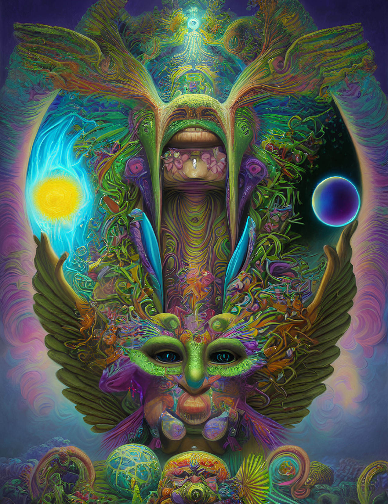 Colorful Psychedelic Image with Fantastical Creatures and Cosmic Background