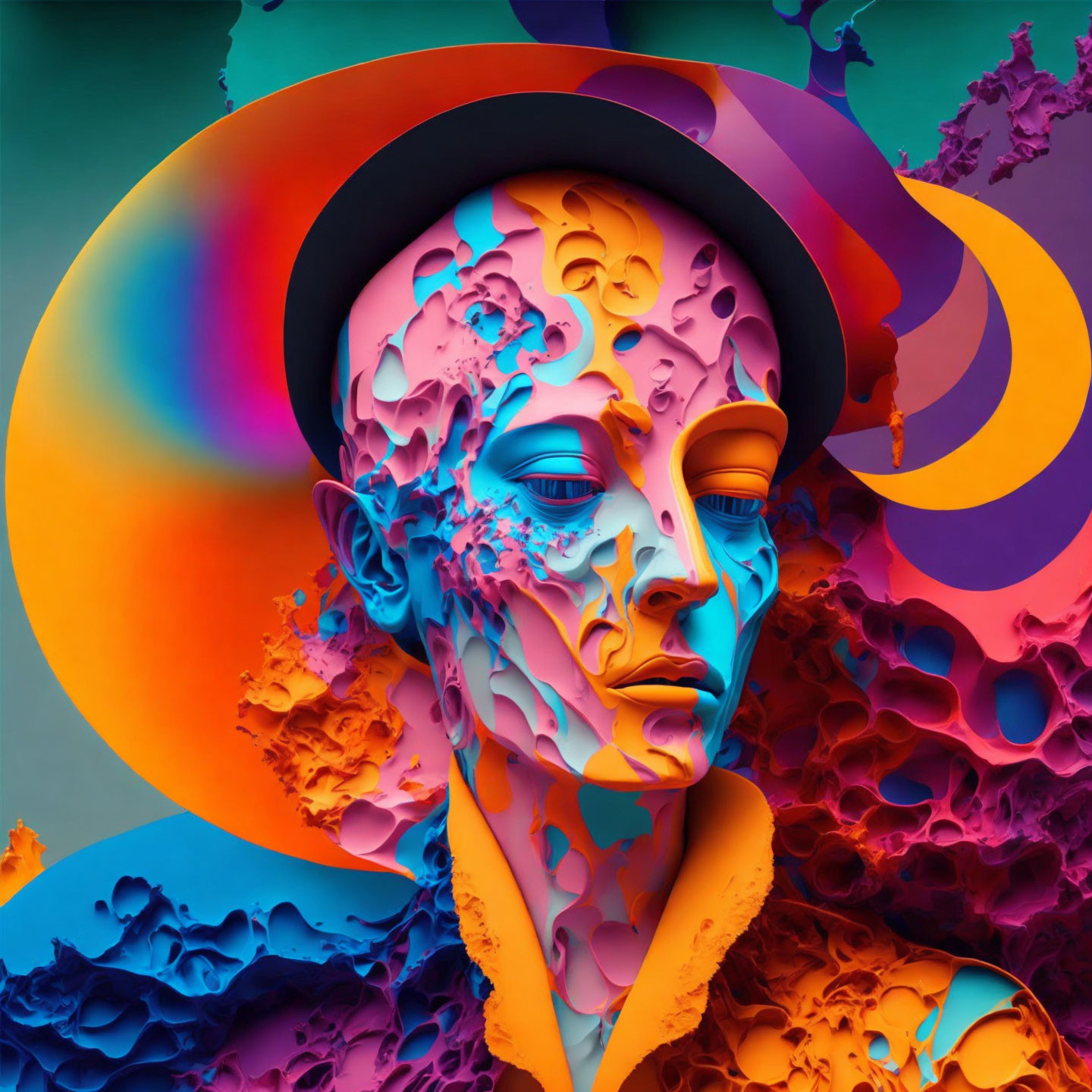 Colorful surreal digital artwork: melting face with hat on psychedelic background