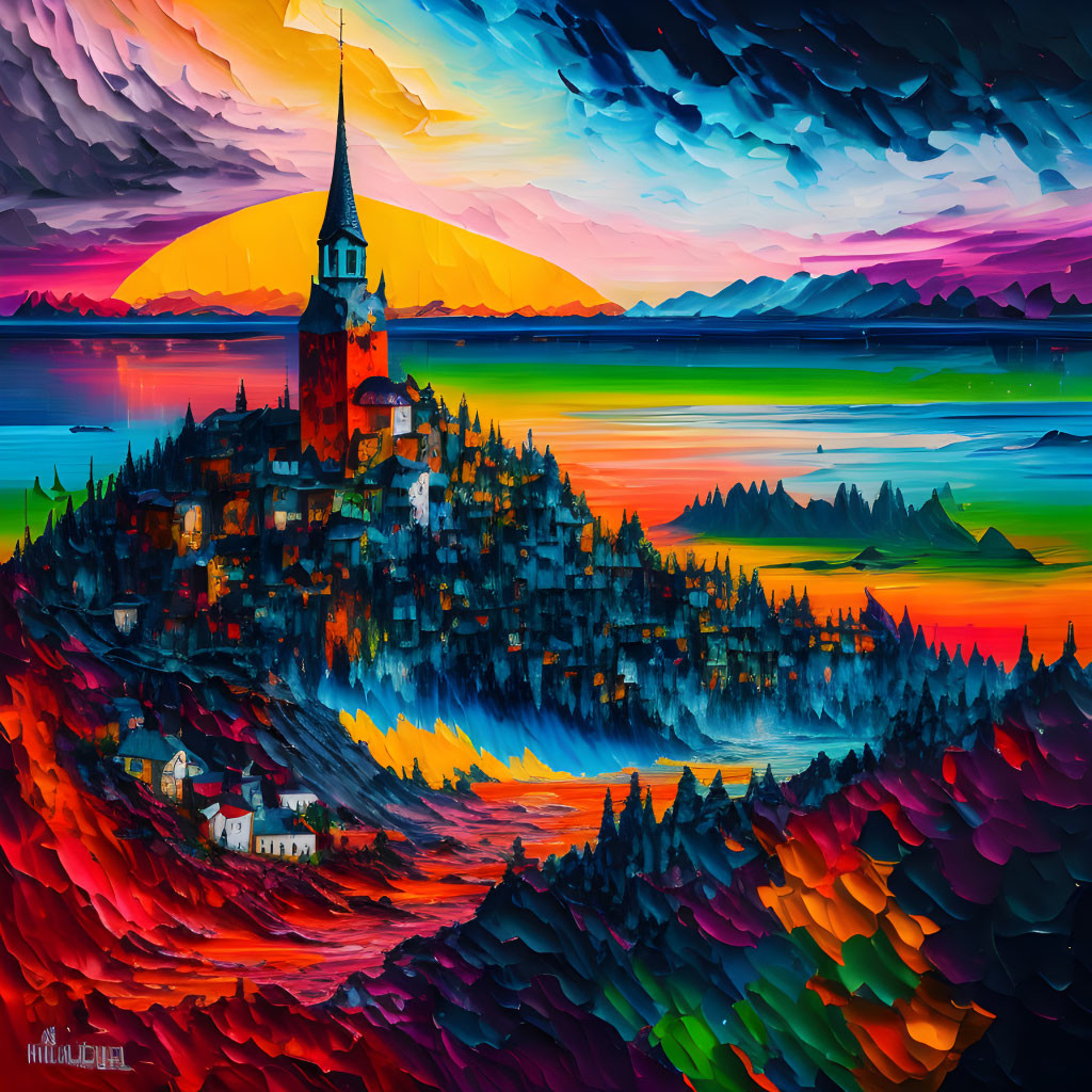 Colorful Landscape Painting: Church Steeple on Hill by Lake at Sunset